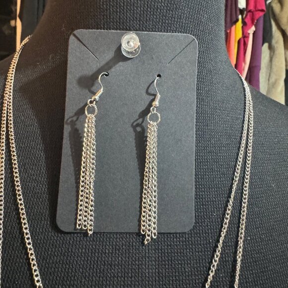 Silver-Tone Layered Necklace & Earring Set With Heart Pendant & Tassel Details - Picture 4 of 5